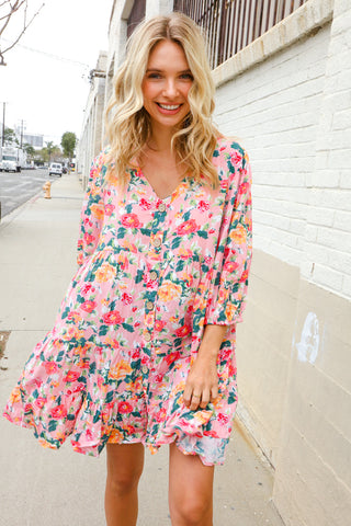 Boho Vibes Cotton Floral Button Down 3/4 Sleeve Tiered Dress