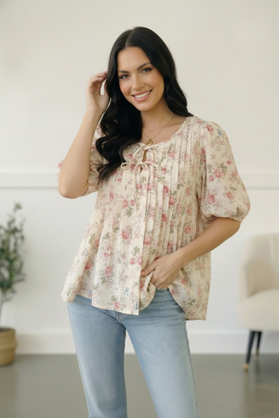 With a Rosy Glow Cream Pleated Top