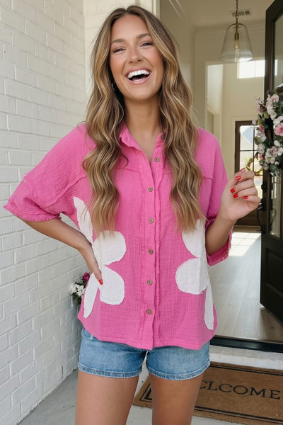 Big Bloom Button Down in Hot Pink