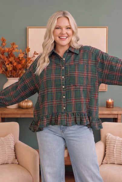 Ruffle the Rules Plaid Flannel Top in Green
