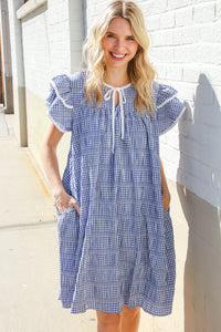 Beautiful You Blue Checker Gingham Tie Front Double Ruffle Sleeve Midi Dress