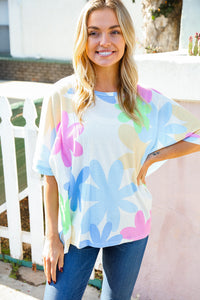 Weekend Ready Ivory Multicolor Flower Print Waffle Dolman Top