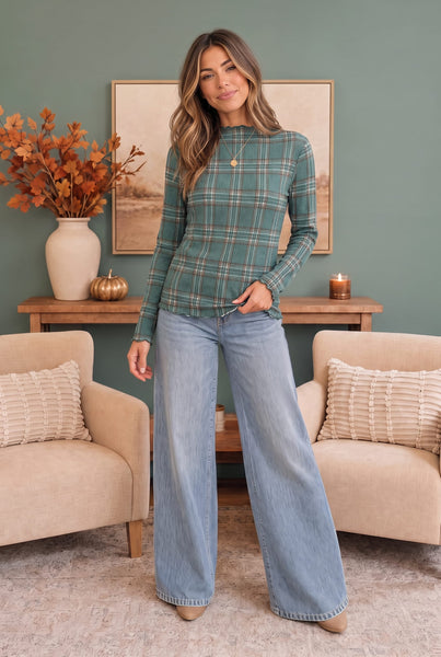Plaid About You Mock Neck in Hunter Green