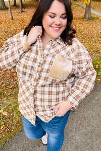 Eyes On You Taupe Plaid Velvet Pocket Button Down Top