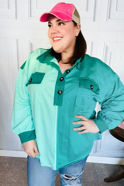 On The Way Up Mint Color Block Button Down Pullover
