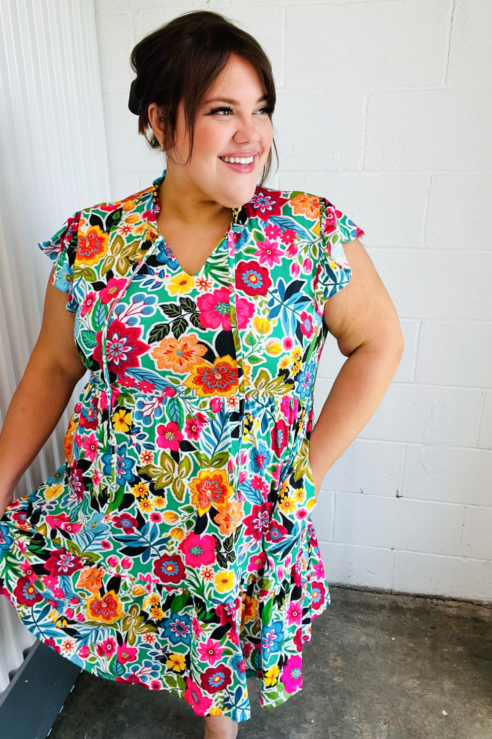 Green & Fuchsia Floral Fit and Flare Dress