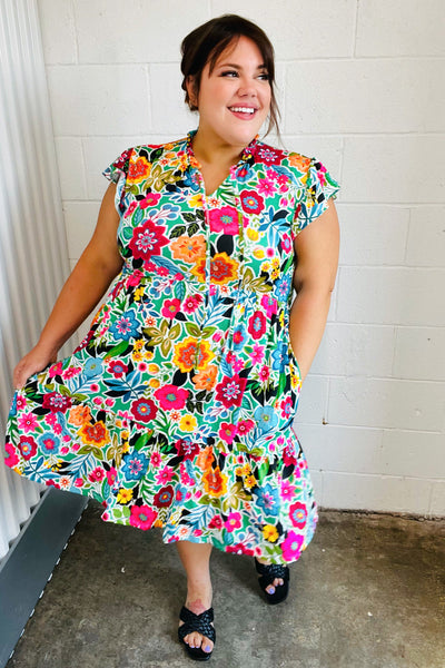 Green & Fuchsia Floral Fit and Flare Dress