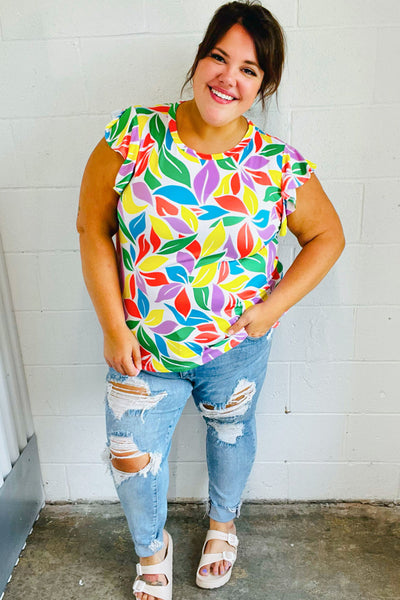 Green & Yellow Floral Leaf Flutter Sleeve Top