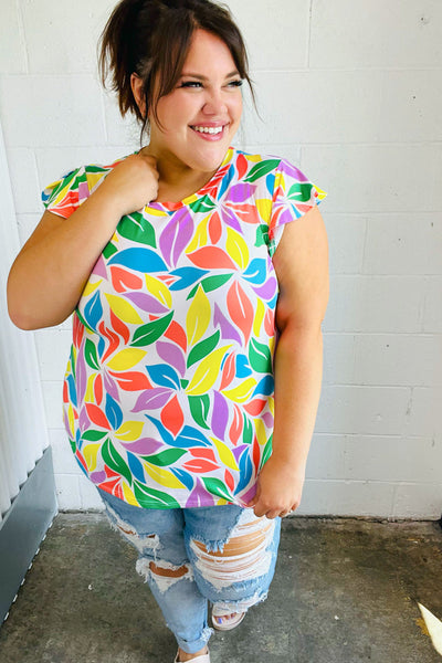 Green & Yellow Floral Leaf Flutter Sleeve Top