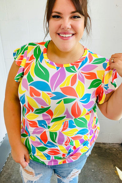 Green & Yellow Floral Leaf Flutter Sleeve Top