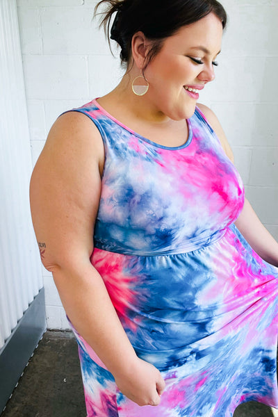 Pink & Blue Tie Dye Fit and Flare Sleeveless Maxi Dress
