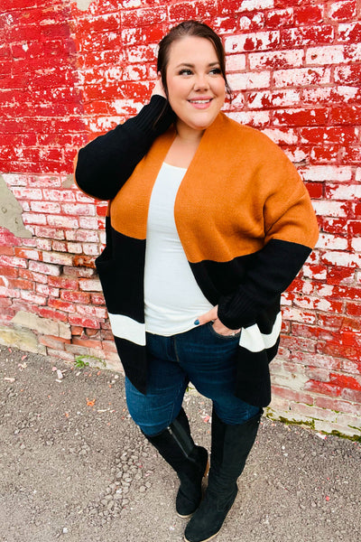 Layer Me Up Rust & Black Color Block Knit Open Cardigan