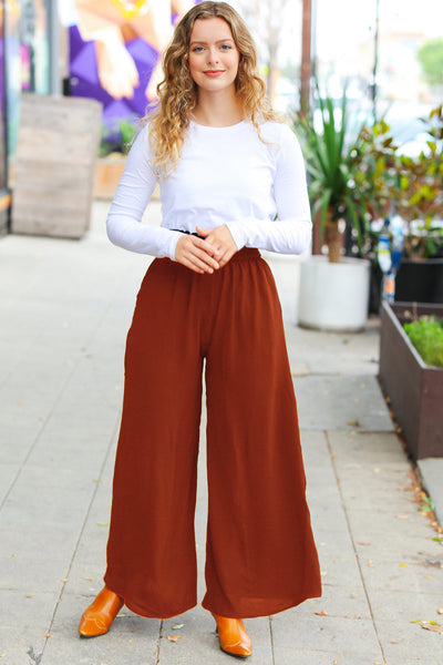 Relaxed Fun Rust Smocked Waist Palazzo Pants