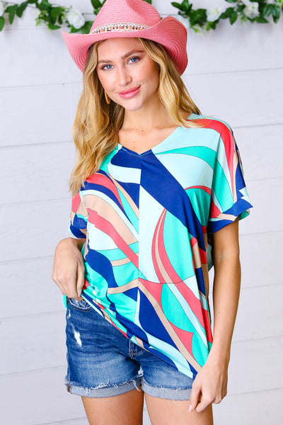 Turquoise Geometric V Neck Drop Shoulder Top