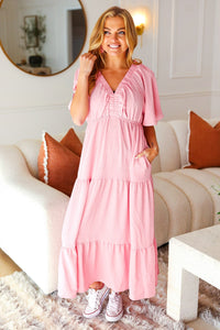 Take You Away Pink Elastic V Neck Tiered Maxi Dress