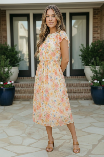 Watercolor Floral Flutter Sleeve Midi Dress